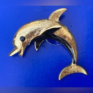 Vintage Gerry's Dolphin Gold Tone Brooch with Blue Rhinestone Pin
